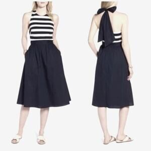 Nordstrom 1901 Halter Stripe Midi Dress Navy Blue White Pockets Size 10